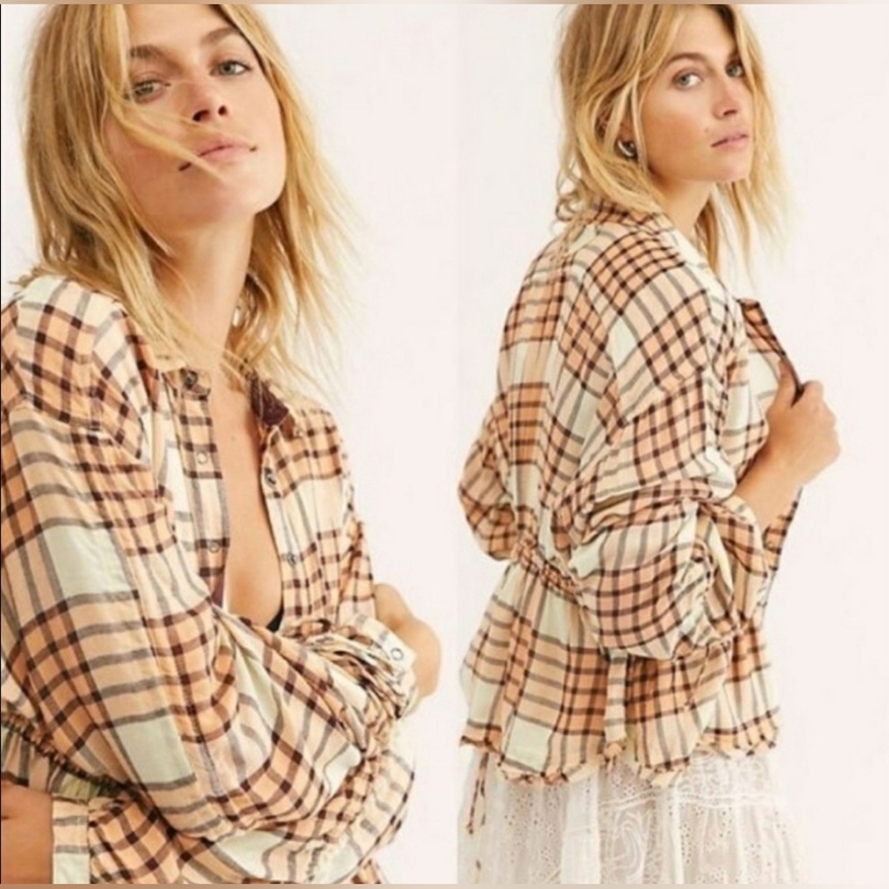 Free People Peach & Burgandy Plaid Peplum